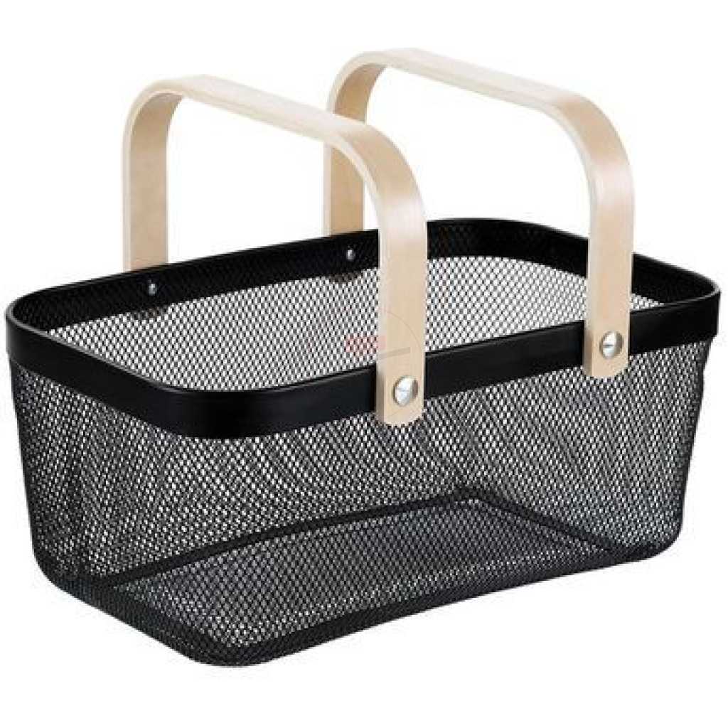 Rectangle Metal Mesh Fruit Shopping Wooden Handle Storage Basket- Multi-colour.