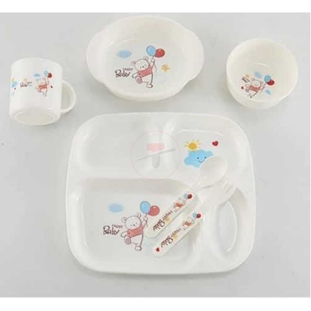 Children Tableware Dinner Set 6 in 1 Feeding Series Plate Cup Bowl Spoons Tray Gift Pack- White