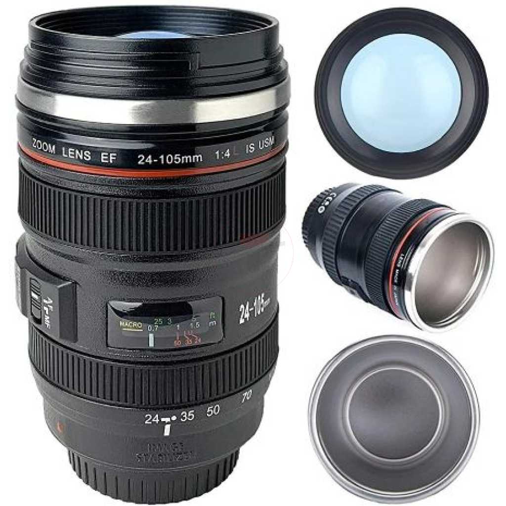 Photographer Camera Lens Coffee Mug -13.5oz Stainless Steel Thermos, Sealed & Retractable Lids! Photographer Travel Tea Cup - Black