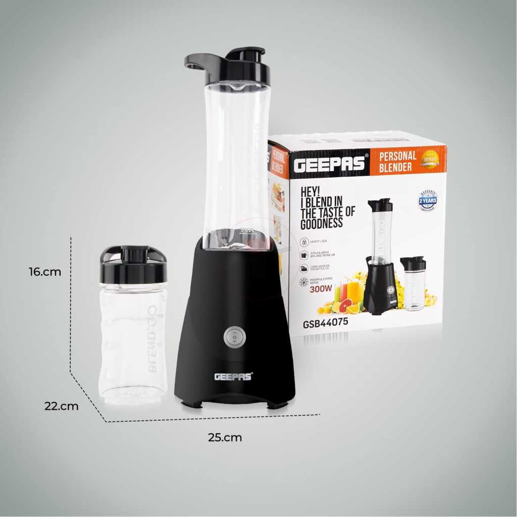 Geepas Sports Smoothie Protein Milkshake Maker Blender, Stainless Steel Blades On/Off Control Personal Blender, 500 W, Black/Clear, GSB44075