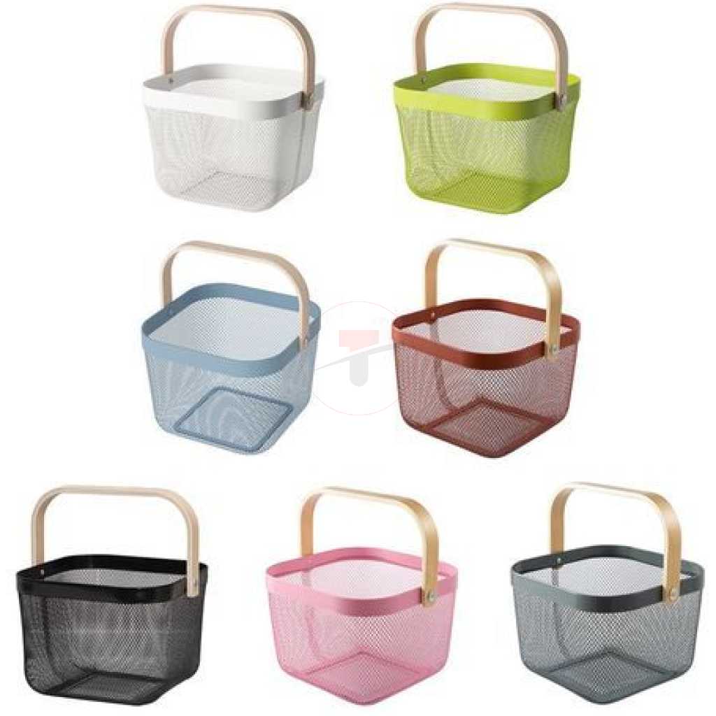 Rectangle Metal Mesh Fruit Shopping Wooden Handle Storage Basket- Multi-colour.