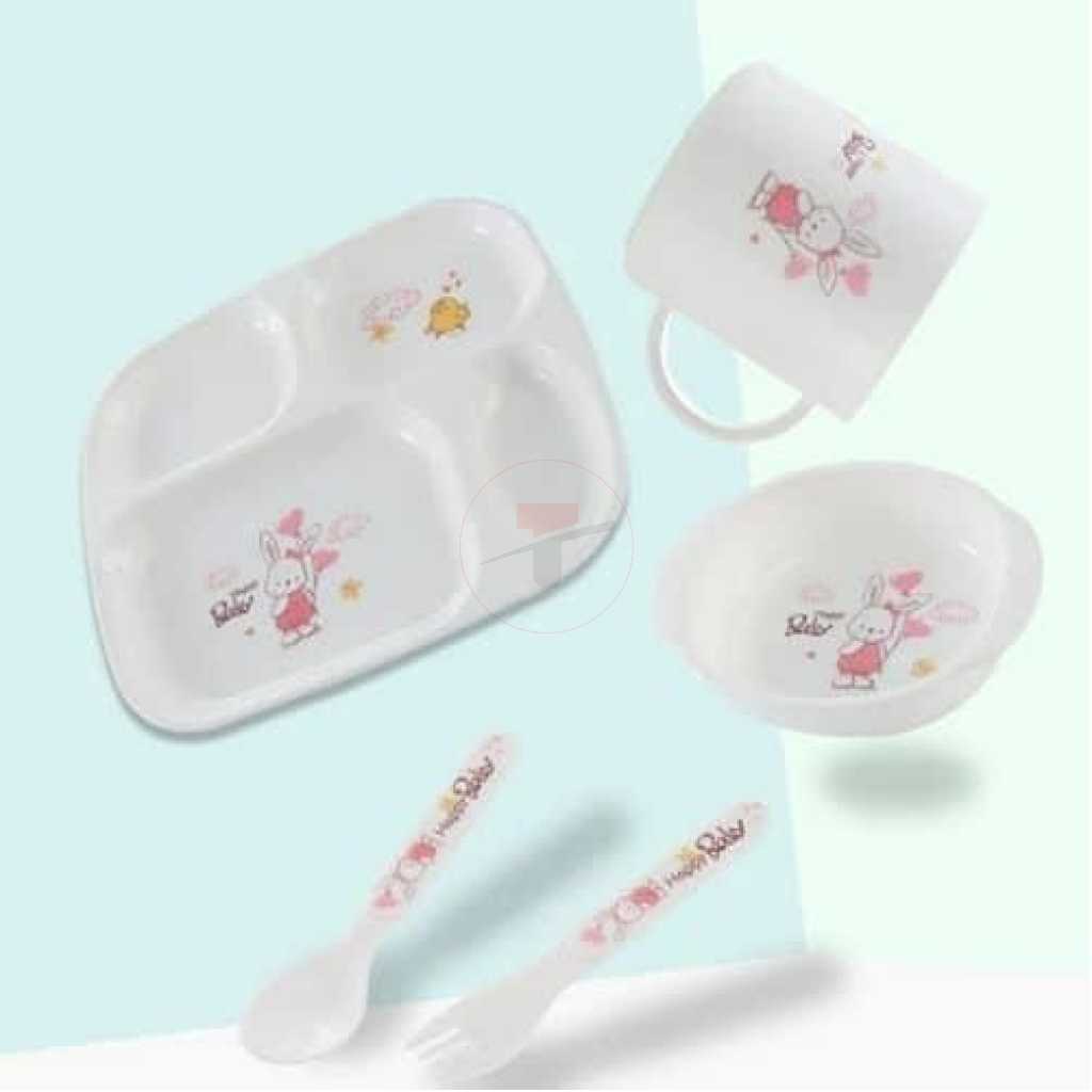 Children Tableware Dinner Set 6 in 1 Feeding Series Plate Cup Bowl Spoons Tray Gift Pack- White