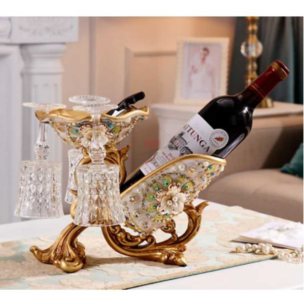 Wine Bottle Holder Floral Vintage Resin Home Decor Glass Stand Rack Bar- Gold.