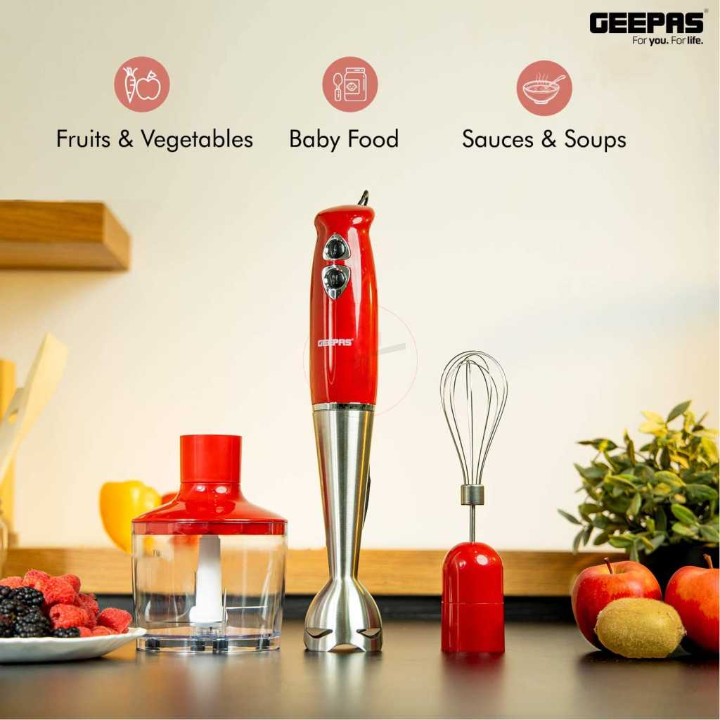 Geepas GHB6136 3-in-1 Multi-Function Hand Blender 860ml, 400W - Red