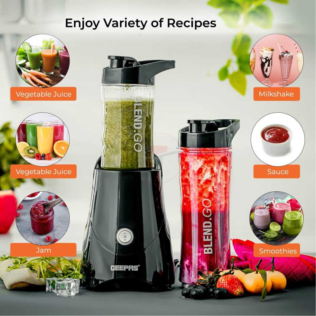 Geepas Sports Smoothie Protein Milkshake Maker Blender, Stainless Steel Blades On/Off Control Personal Blender, 500 W, Black/Clear, GSB44075