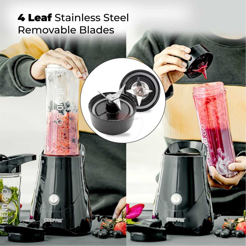 Geepas Sports Smoothie Protein Milkshake Maker Blender, Stainless Steel Blades On/Off Control Personal Blender, 500 W, Black/Clear, GSB44075