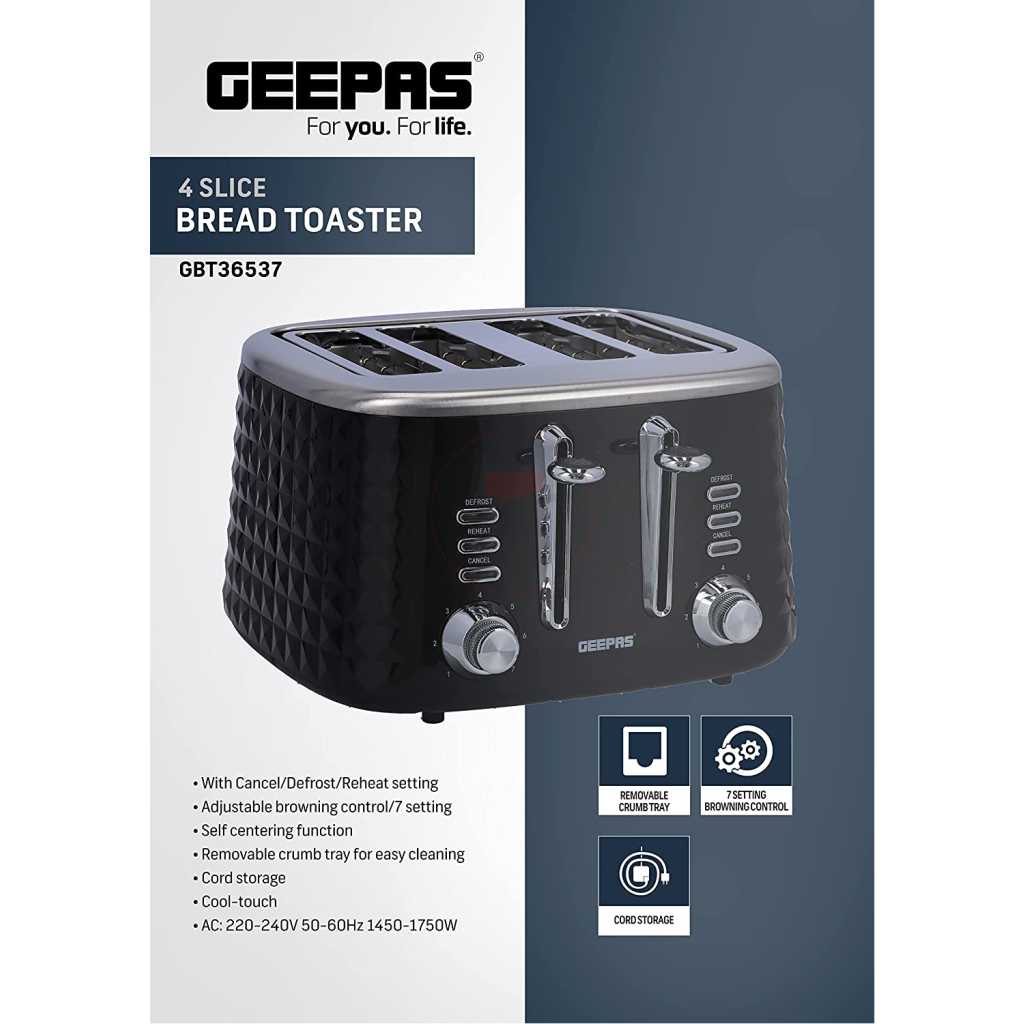 Geepas 4 Slice Bread Toaster GBT36537 - Adjustable 7 Browning Control 4 Slice Pop-Up Toaster with Removable Crumb Collection Tray, Self-Centering | Cancel, Defrost & Reheat | Perfect Sandwiches, Toast & More