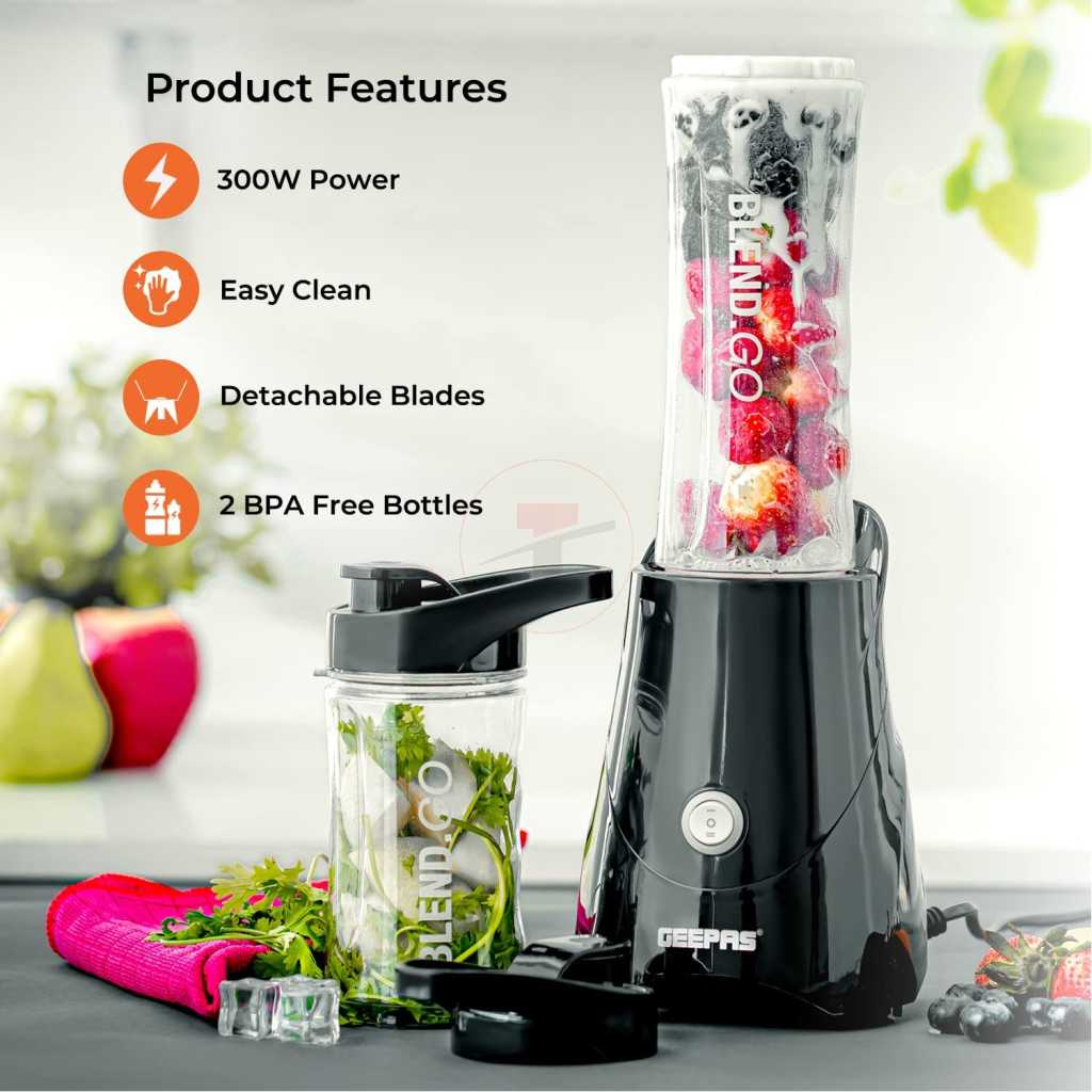 Geepas Sports Smoothie Protein Milkshake Maker Blender, Stainless Steel Blades On/Off Control Personal Blender, 500 W, Black/Clear, GSB44075