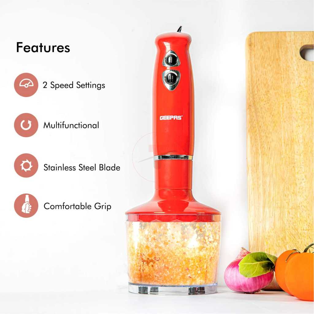 Geepas GHB6136 3-in-1 Multi-Function Hand Blender 860ml, 400W - Red