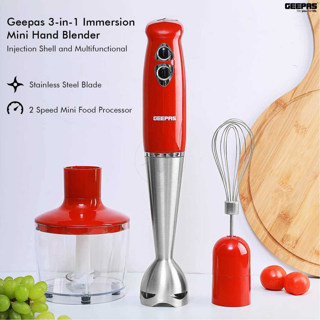 Geepas GHB6136 3-in-1 Multi-Function Hand Blender 860ml, 400W - Red