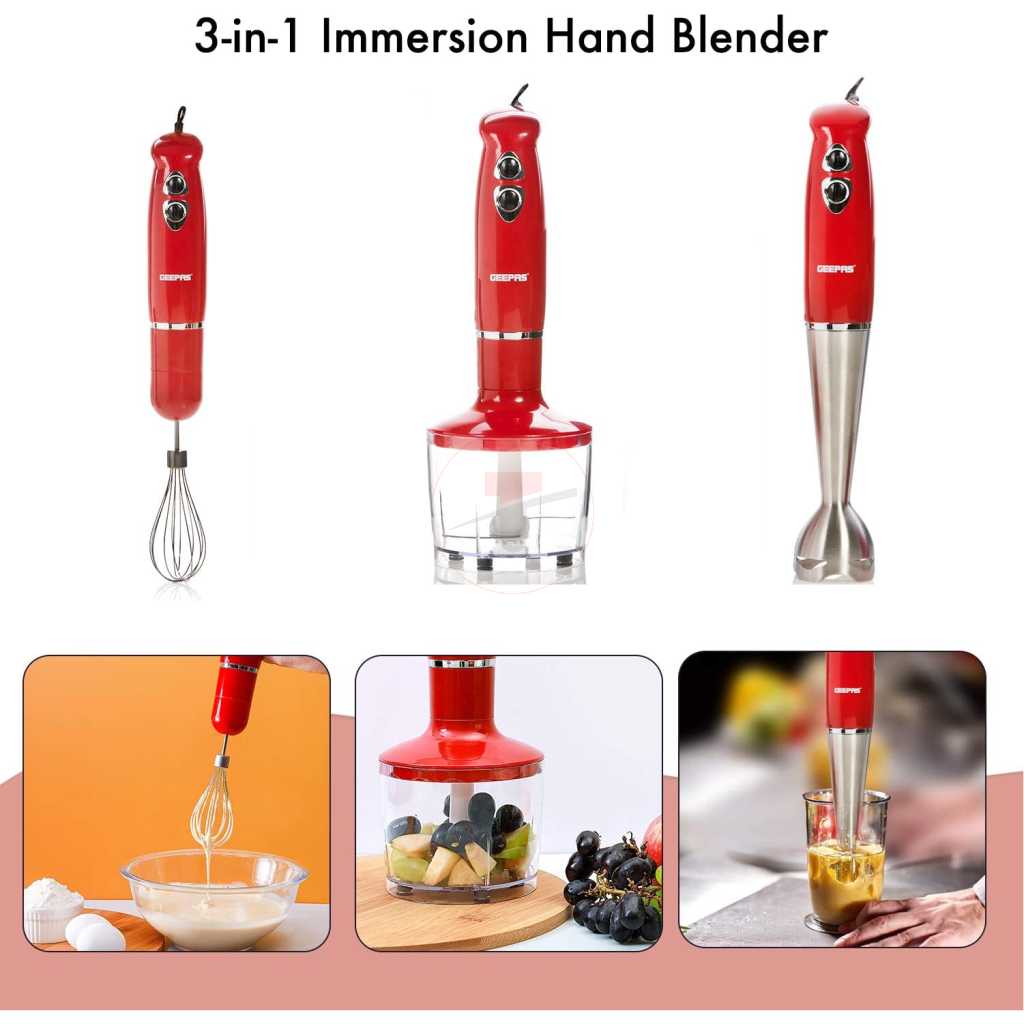 Geepas GHB6136 3-in-1 Multi-Function Hand Blender 860ml, 400W - Red