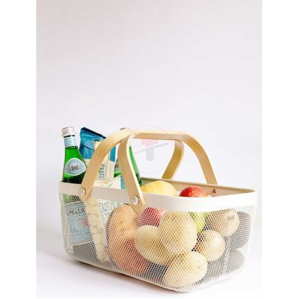 Rectangle Metal Mesh Fruit Shopping Wooden Handle Storage Basket- Multi-colour.