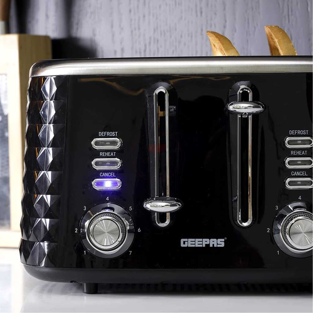 Geepas 4 Slice Bread Toaster GBT36537 - Adjustable 7 Browning Control 4 Slice Pop-Up Toaster with Removable Crumb Collection Tray, Self-Centering | Cancel, Defrost & Reheat | Perfect Sandwiches, Toast & More