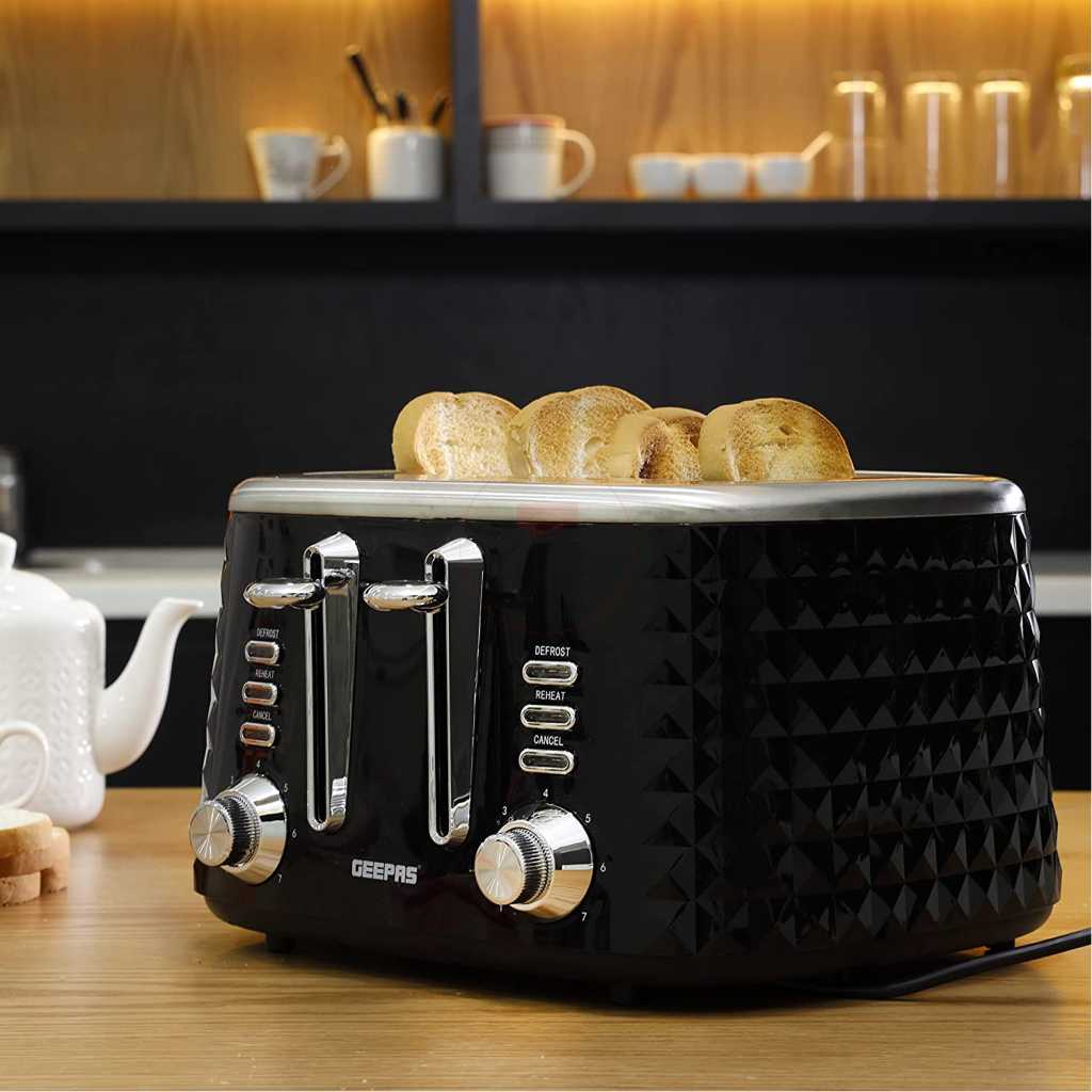 Geepas 4 Slice Bread Toaster GBT36537 - Adjustable 7 Browning Control 4 Slice Pop-Up Toaster with Removable Crumb Collection Tray, Self-Centering | Cancel, Defrost & Reheat | Perfect Sandwiches, Toast & More