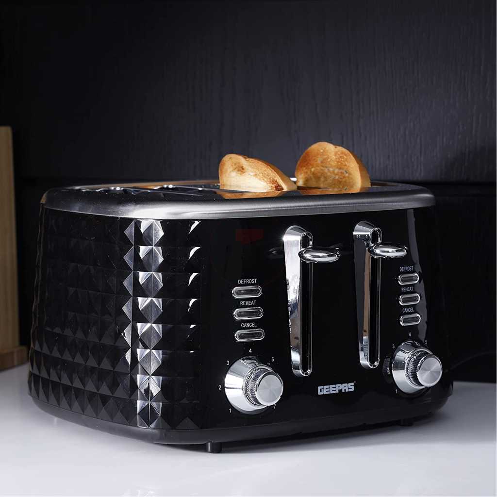 Geepas 4 Slice Bread Toaster GBT36537 - Adjustable 7 Browning Control 4 Slice Pop-Up Toaster with Removable Crumb Collection Tray, Self-Centering | Cancel, Defrost & Reheat | Perfect Sandwiches, Toast & More