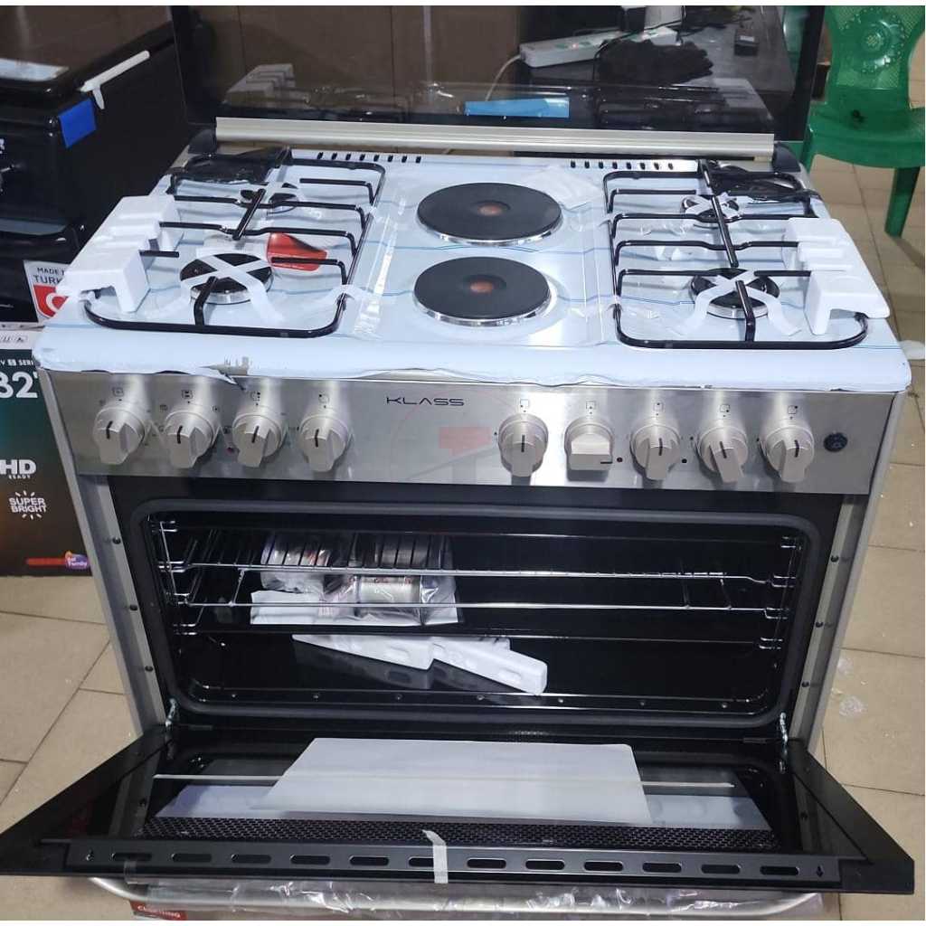 Klass 90x60 Cooker, 4 Gas Burners + 2 Electric Plates, Electric Oven & Grill, Turbo Fan, Rotisserie, Auto Ignition, Cast Iron Pan Support - Stainless Steel