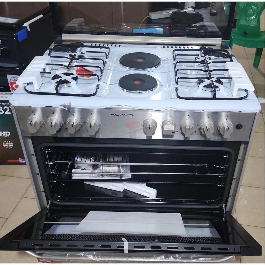 Klass 90x60 Cooker, 4 Gas Burners + 2 Electric Plates, Electric Oven & Grill, Turbo Fan, Rotisserie, Auto Iginition, Cast Iron Pan Support - Stainless Steel