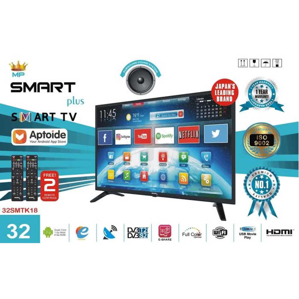 Smart Plus 32- Inch HD Smart Android TV 32SMTKF11; Bluetooth, HDMI, USB, Netflix, Youtube, Prime Video , 2 Remote Controls, Inbuilt Free To Air Decoder - Black