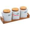 Ceramic Twisted Tea Coffee Sugar 3 Canisters Set With Wooden Wavey Stand Tray & Bamboo Lid Condiment Airtight Jars Set- White.
