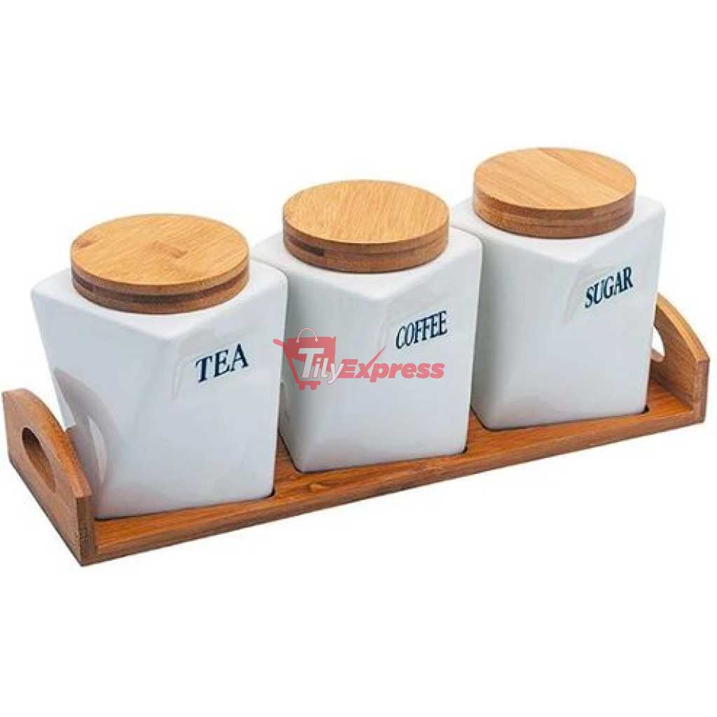Ceramic Twisted Tea Coffee Sugar 3 Canisters Set With Wooden Wavey Stand Tray & Bamboo Lid Condiment Airtight Jars Set- White.