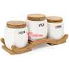 Ceramic Trime Tea Coffee Sugar 3 Canisters Set With Wooden Wavey Stand Tray & Bamboo Lid Condiment Airtight Jars Set- White.