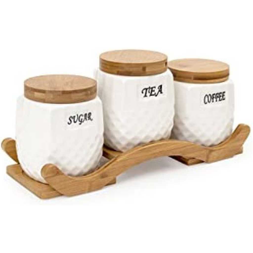 Ceramic Trime Tea Coffee Sugar 3 Canisters Set With Wooden Wavey Stand Tray & Bamboo Lid Condiment Airtight Jars Set- White.