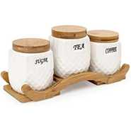 Ceramic Trime Tea Coffee Sugar 3 Canisters Set With Wooden Wavey Stand Tray & Bamboo Lid Condiment Airtight Jars Set- White.