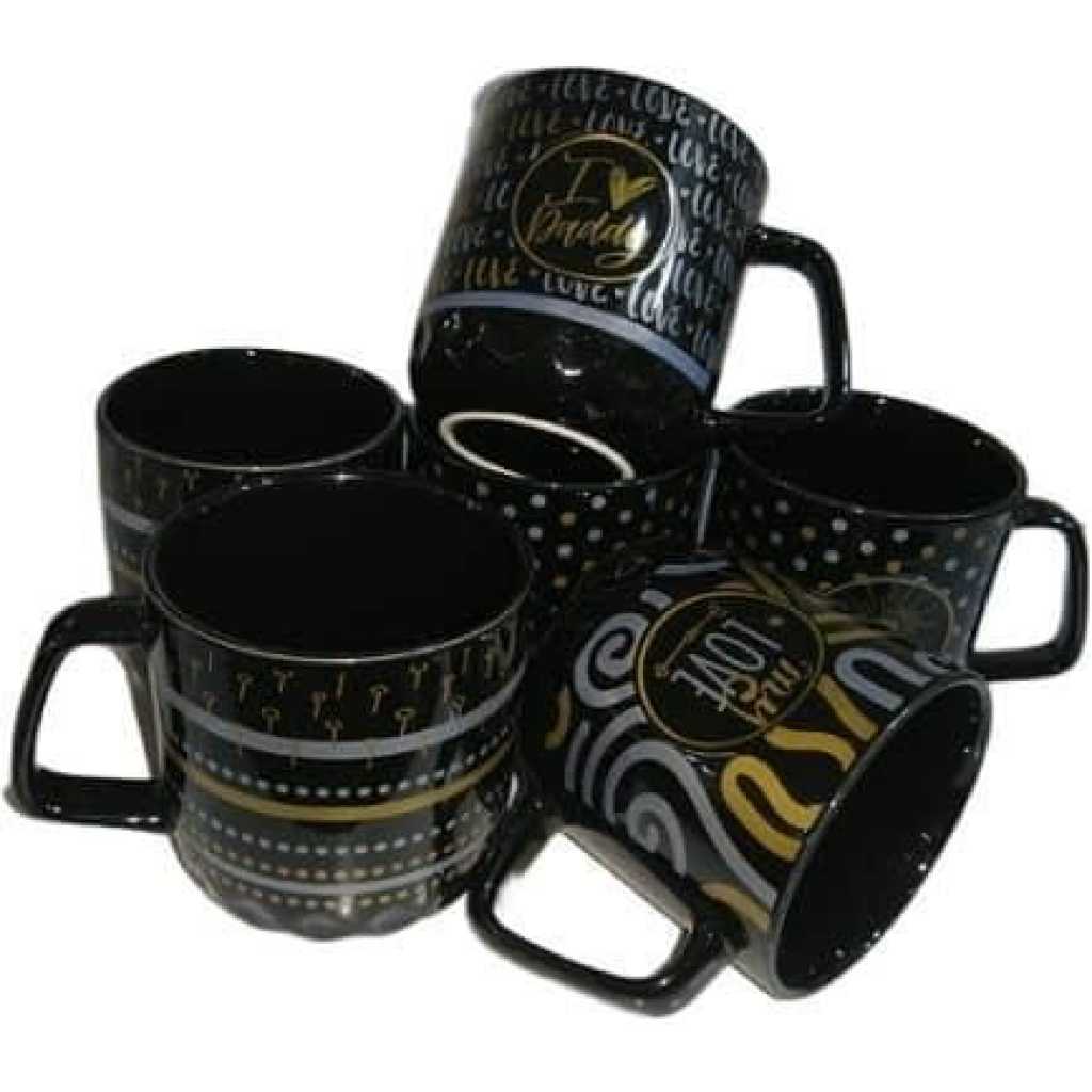 6 Pieces Of Silver And Gold Printed Coffee Tea Cups Mugs- Black