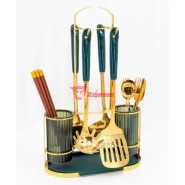 Kitchen Utensil Holder Countertop 2 Cups Cooking Cutlery Rack For Fork Spoon Knife Spatula- Green.