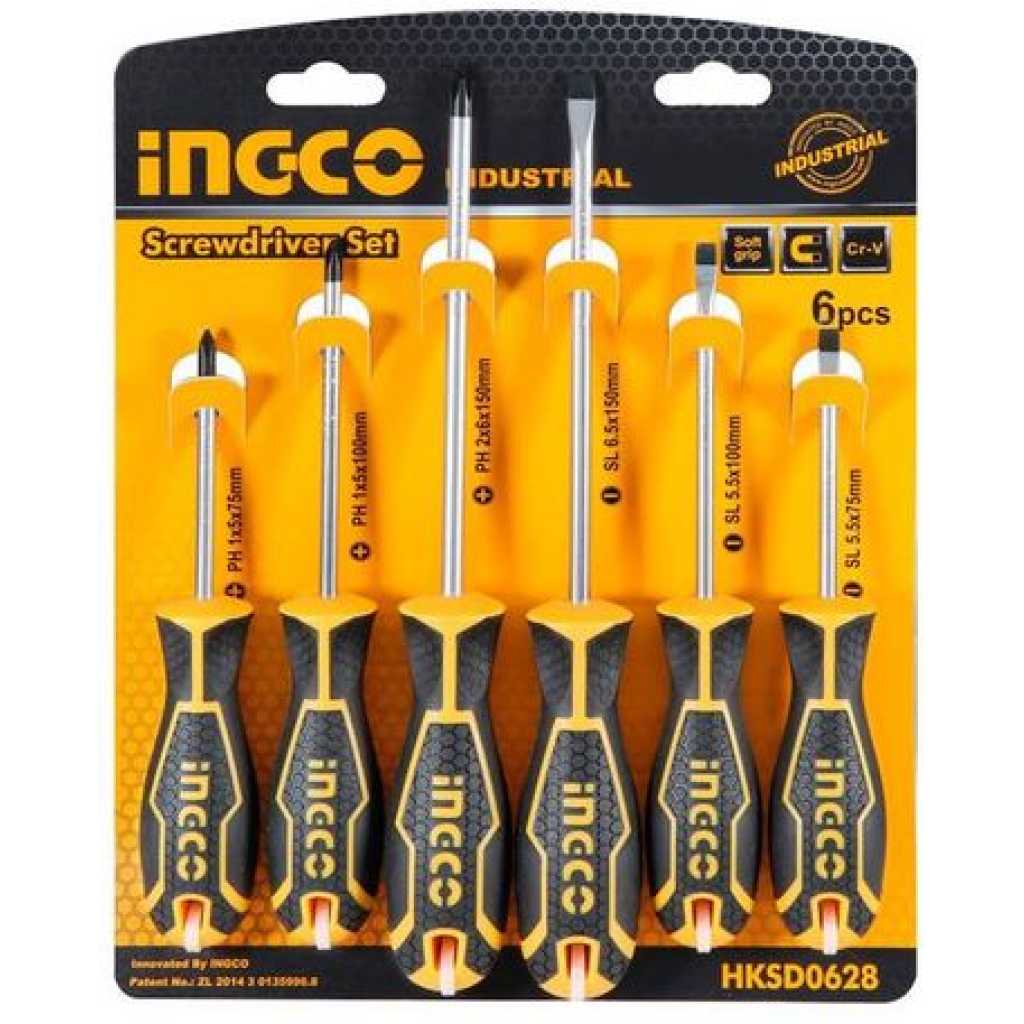 INGCO 6 Pcs Screwdriver Set - HKSD0628, 1pcs SL5.5*5*75 1pcs SL5.5*5*100 1pcs SL6.5*6*150 1pcs PH1*5*75 1pcs PH1*5*100 1pcs PH2*6*150