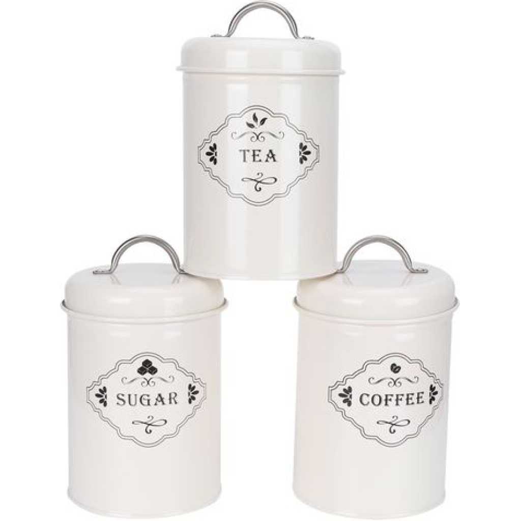 3 Piece Tea Sugar Coffee Canister Sealed Jar Storage Container Cans- Cream.