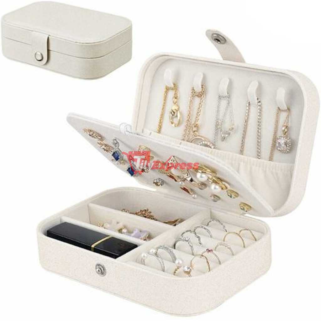Double Layer Soft Travel Jewelry Box Organizer Adjustable Portable Jewelry Display Box Storage Case For Necklace Earring Rings- White.