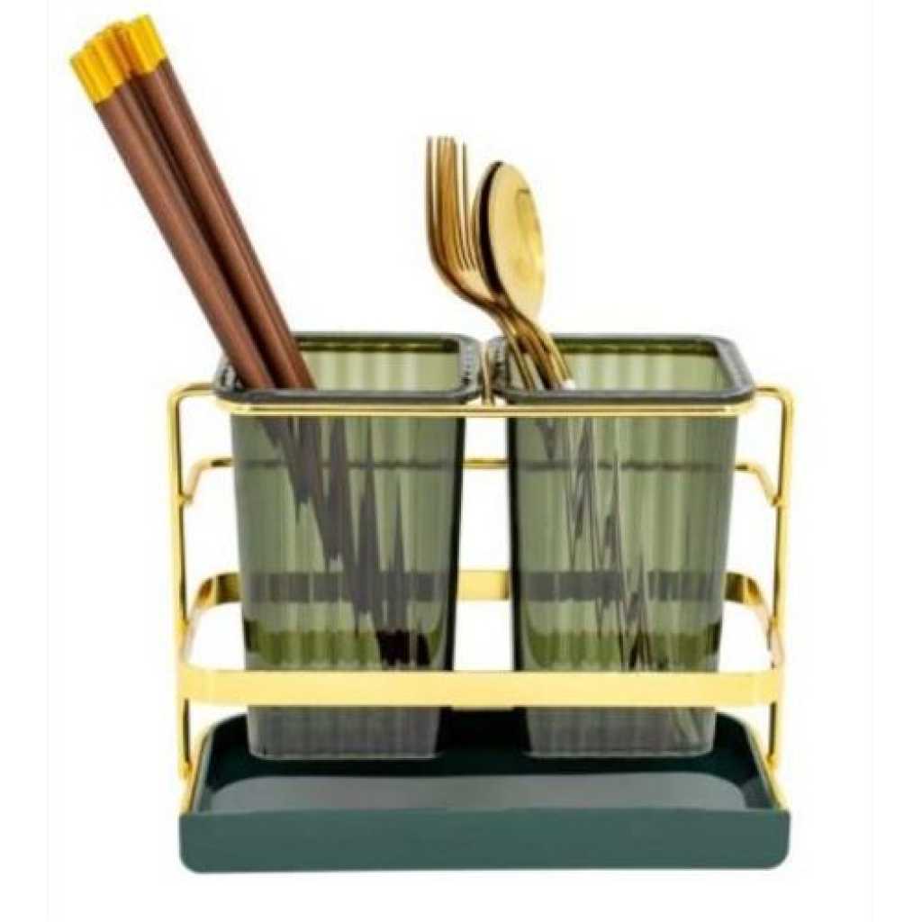 Kitchen Utensil Holder For Countertop 2 Cups Cooking Caddy Cutlery Rack For Fork Spoon Knife Spatula- Green