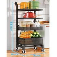 4 Layer Kitchen Storage Trolley Fruit Vegetable Rack Wire Pantry Basket Rolling Cart, Locking Wheel With Handle- Black