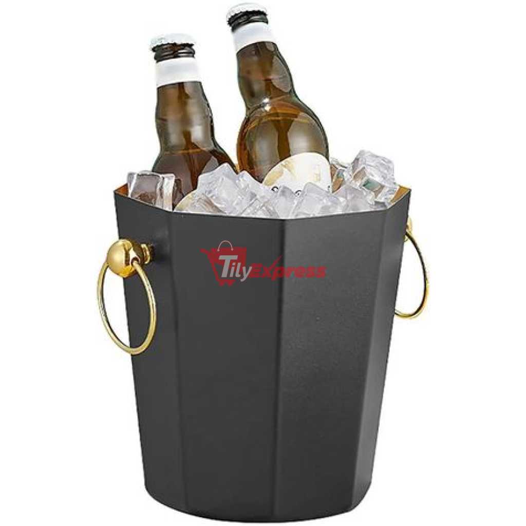 Metal Ice Bucket, Stainless Steel Drink Beer Chiller, Octagonal Barrel Storage Tub, For Beer, Ice, Wine, Champagne, Parties- Black