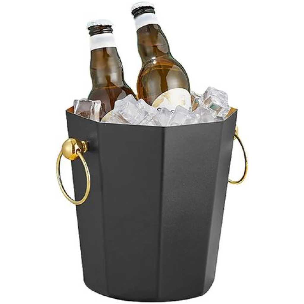 Metal Ice Bucket, Stainless Steel Drink Beer Chiller, Octagonal Barrel Storage Tub, For Beer, Ice, Wine, Champagne, Parties- Black