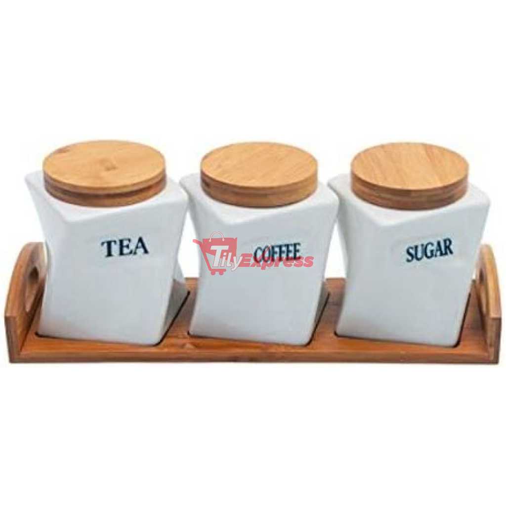 Ceramic Twisted Tea Coffee Sugar 3 Canisters Set With Wooden Wavey Stand Tray & Bamboo Lid Condiment Airtight Jars Set- White.