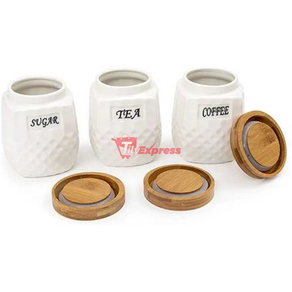 Ceramic Trime Tea Coffee Sugar 3 Canisters Set With Wooden Wavey Stand Tray & Bamboo Lid Condiment Airtight Jars Set- White.