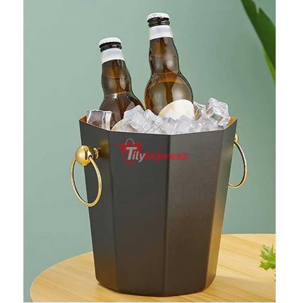 Metal Ice Bucket, Stainless Steel Drink Beer Chiller, Octagonal Barrel Storage Tub, For Beer, Ice, Wine, Champagne, Parties- Black