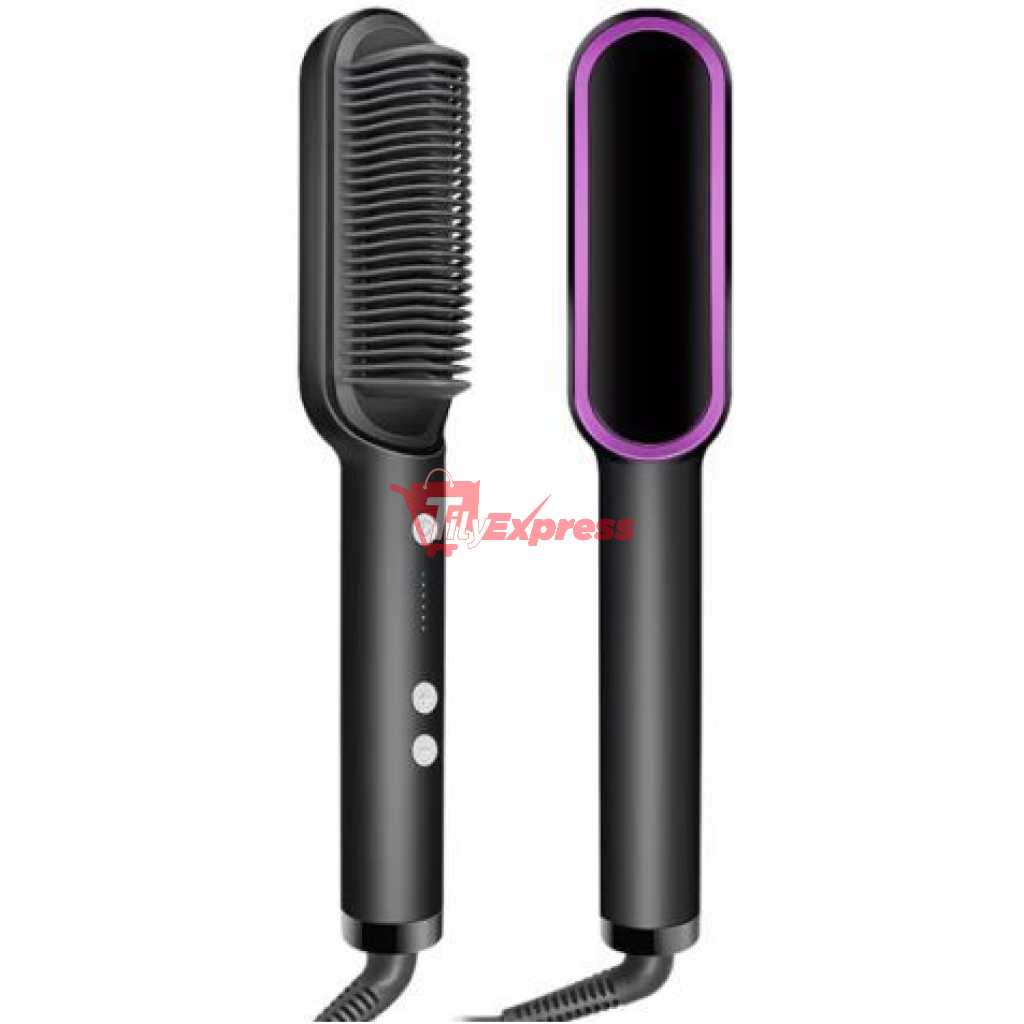 2-in-1 Electric Hair Straightener, Comb, Cutler PTC Heating Brush - Black