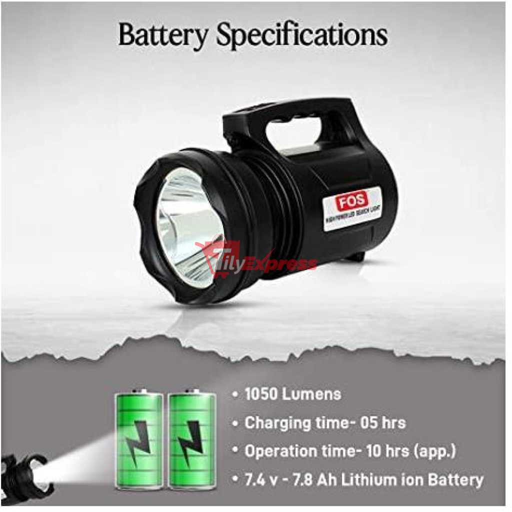 LED Search Light 10W with Lithium Battery Dual Charging 220V AC & 12V DC Solar - Rechargeable Handheld Torch