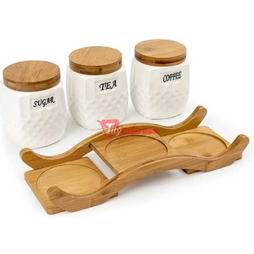 Ceramic Trime Tea Coffee Sugar 3 Canisters Set With Wooden Wavey Stand Tray & Bamboo Lid Condiment Airtight Jars Set- White.