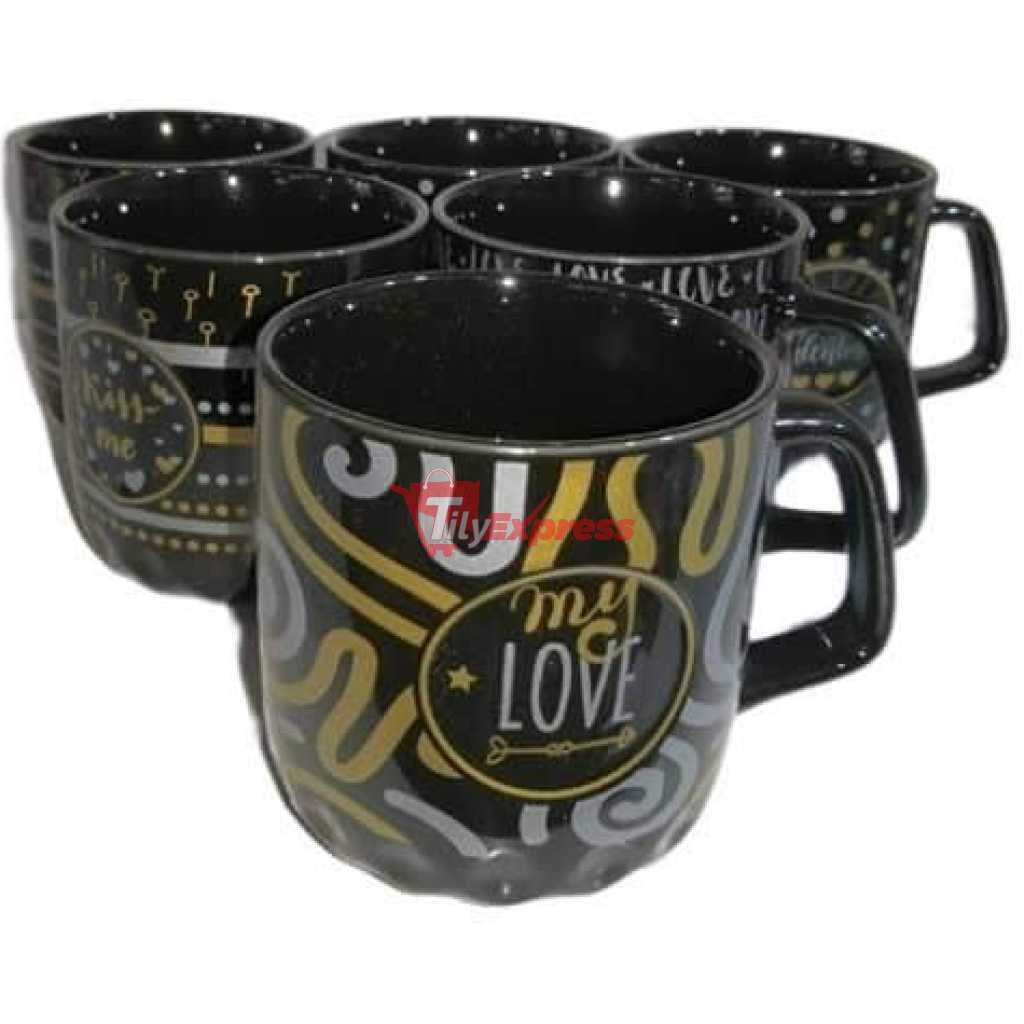 6 Pieces Of Silver And Gold Printed Coffee Tea Cups Mugs- Black