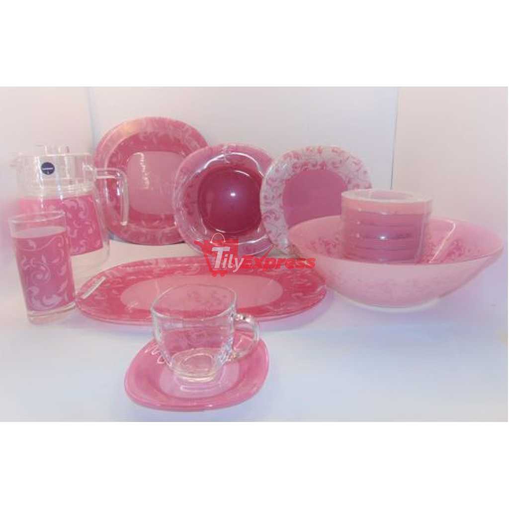 Luminarc Tempered Jazzy Pink Plates, Cups, Bowls Glass Dinnerware Set, 46 Piece, Multicolor