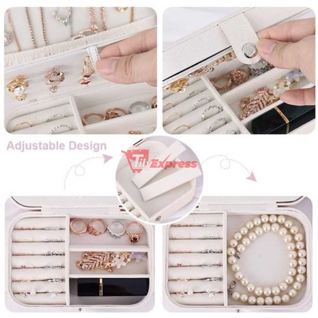 Double Layer Soft Travel Jewelry Box Organizer Adjustable Portable Jewelry Display Box Storage Case For Necklace Earring Rings- White.