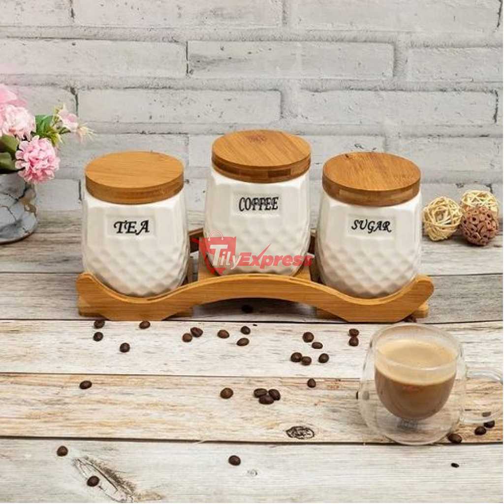 Ceramic Trime Tea Coffee Sugar 3 Canisters Set With Wooden Wavey Stand Tray & Bamboo Lid Condiment Airtight Jars Set- White.