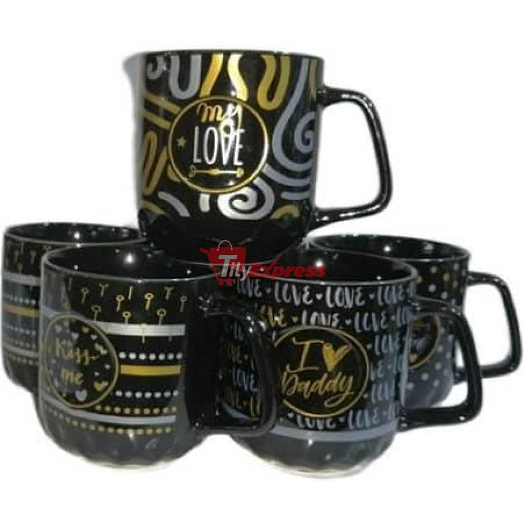 6 Pieces Of Silver And Gold Printed Coffee Tea Cups Mugs- Black