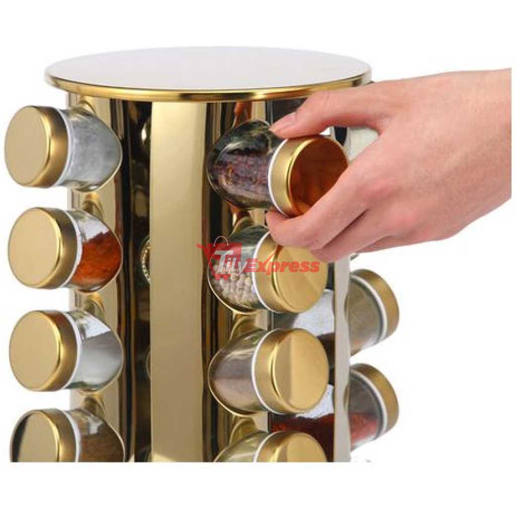 Countertop Glass Rotating Spice Rack 12 Spice Jars Organizer Bottle- Gold.