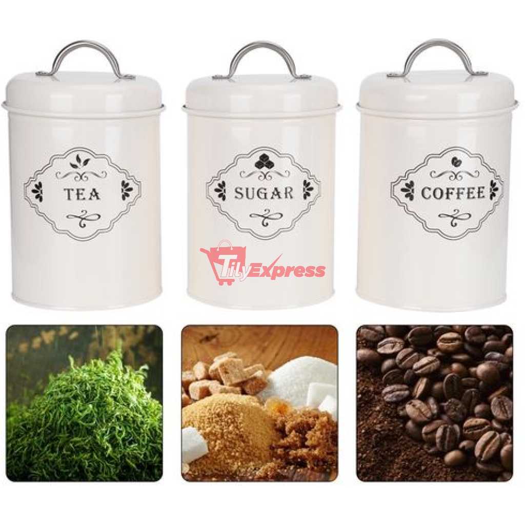 3 Piece Tea Sugar Coffee Canister Sealed Jar Storage Container Cans- Cream.