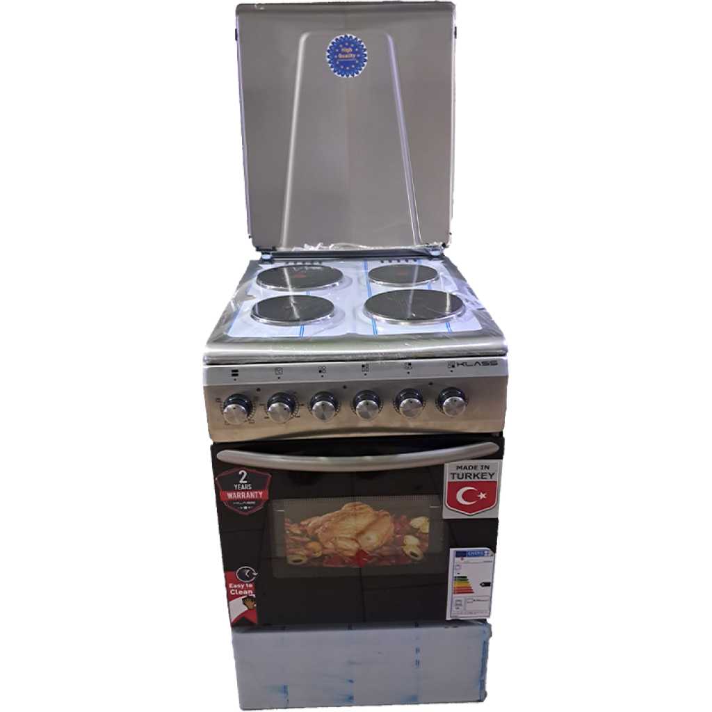 KLASS Full Electric Cooker 50x60cm, 4 Electric Plates, Electric Oven & Grill, Rotisserie, Oven Lamp & Timer, 4TTE-5604HP - Black